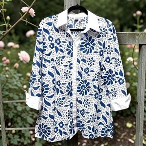 Mishca Blue White Floral Lace Button Down Tunic Blouse Long Sleeve Womens L